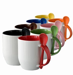 Caneca 325 ml Cerâmica com Colher Colorida Interna e Alça