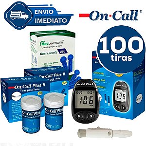 Kit aparelho Glicemia On Call Plus II 1 Monitor + 100 Tiras + 100 Lancetas + 1 Lancetador + controle
