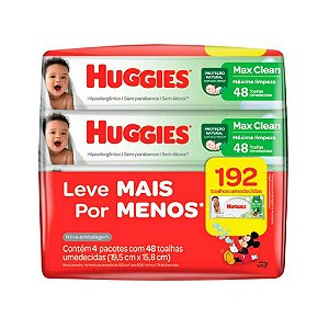 Kit com 04 pacotes de Lenços Umedecidos Huggies Max Clean 48 un (192 Unidades)