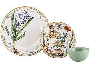 Aparelho de Jantar 12 Peças Alleanza Cerâmica Branco e Verde Água Redondo Bulbo