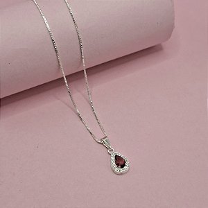 04- Colar Gota Pink Cravejada - Prata