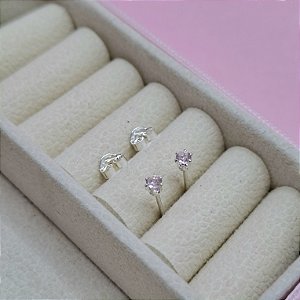 22- Brinco Mini Ponto de Luz Rosa - Prata