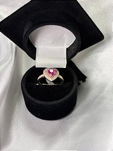 ANEL 12 - CORAÇÃO PRATA COM ZIRCONIA PINK