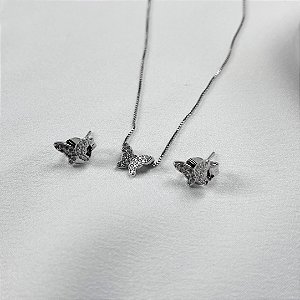 CONJUNTO BORBOLETAS COLAR BRINCO E ANEL - PRATA 925