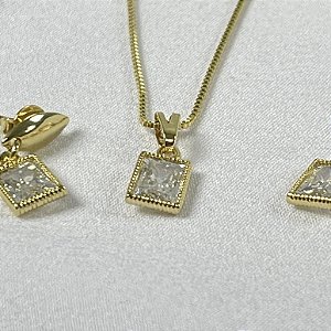 CONJUNTO COLAR E BRINCO QUADRADO ZIRCONIA - SEMIJOIA
