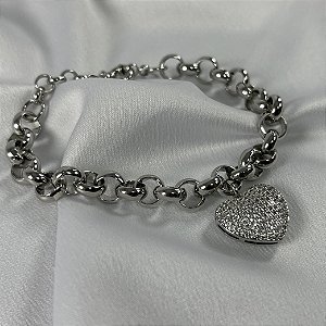 PULSEIRA ELOS BERLOQUE COM CORAÇÃO CRAVEJADO - PRATA 925