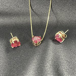 CONJUNTO CORAÇÃO CRISTAL VERMELHO - SEMIJOIA