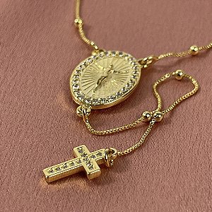 COLAR TERÇO VENEZIANA COM CRUZ PEDRARIA NO DOURADO - SEMIJOIA