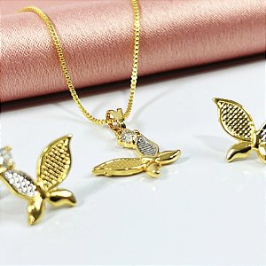 CONJUNTO BORBOLETAS DOURADAS COM PRATA - SEMIJOIA