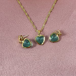 CONJUNTO COLAR E BRINCO PEDRA CORAÇÃO VERDE ÁGUA - SEMIJOIA