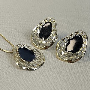 CONJUNTO COLAR E BRINCO TRANÇADO MADREPEROLA / PRETO - SEMIJOIA