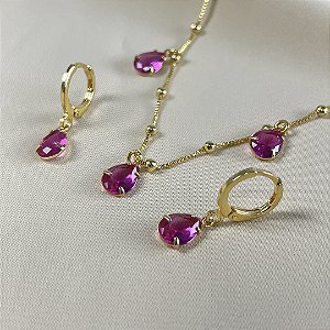 CONJUNTO COLAR VENEZIANAS E PEDRA ZIRCONIA PINK NO DOURADO - SEMIJOIA