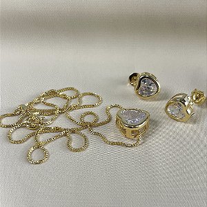 CONJUNTO CORAÇÃO ZIRCONIA DOURADA - SEMIJOIA