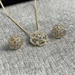 CONJUNTO FLOR CRAVEJADA DOURADA - SEMIJOIA