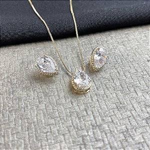 CONJUNTO GOTA PEDRA CRISTAL - SEMIJOIA