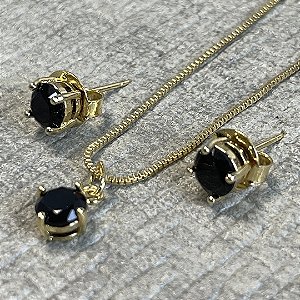 CONJUNTO PONTO DE LUZ PRETO NO DOURADO - SEMIJOIA
