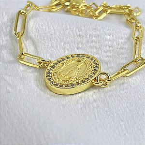 PULSEIRA ELOS CARTIER NOSSA SENHORA AP CRAVEJADA NO DOURADO - SEMIJOIA