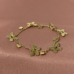 PULSEIRA ELOS COM BORBOLETAS E CORAÇÕES NO DOURADO - SEMIJOIA