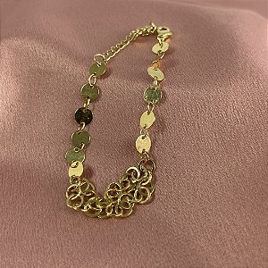 PULSEIRA ELOS REDONDOS COM PLAQUINHAS NO DOURADO - SEMIJOIA