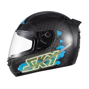 Capacete Sky Two Samurai Preto Brilho Transf Azul 56 [F016]