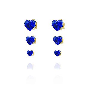 Trio Coração De Zircônia Azul Folheado Em Ouro 18k [F027]