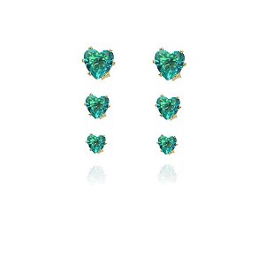 Trio Coração De Zircônia Verde água Folheado Em Ouro 18k [F027]