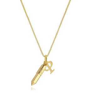Colar Personalizado Lápis E Inicial Do Nome Folheado Em Ouro 18k [F027]