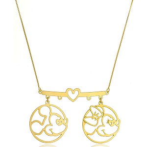 Colar Personalizado Mickey E Minnie Coração Folheado Em Ouro 18k [F027]
