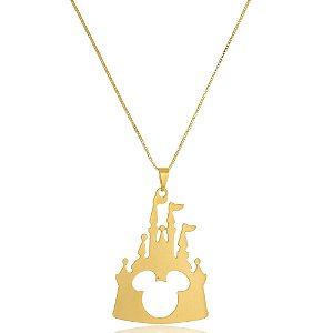 Colar Personalizado Castelo Disney Com Mickey Vazado Folheado Em Ouro 18k [F027]