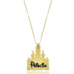 Colar Personalizado Castelo Da Disney Nome Folheado Em Ouro 18k [F027]