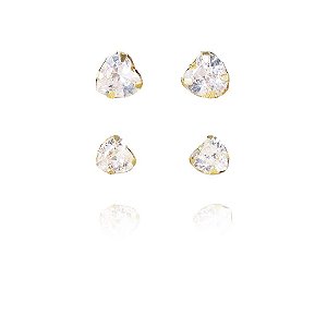 Brinco Duo Com Coração De Zircônia Folheado Em Ouro 18k [F027]