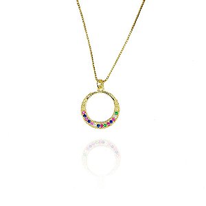 Colar De Circulo Com Metade Em Zircônia Colorida Folheado A Ouro 18k [F027]