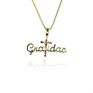 Colar Pingente Gratidão Cruz Colorida Folheado A Ouro 18k [F027]