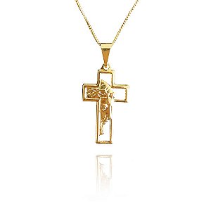 Colar Com Pingente De Cruz E Face De Jesus Folheado Em Ouro 18k [F027]