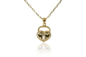Colar Com Pingente De Cadeado Escrito Amor Folheado Ouro 18k [F027]