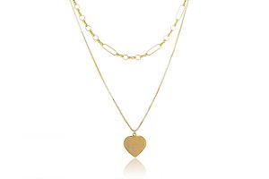 Colar Duplo Folheado Em Ouro 18k Com Coração [F027]