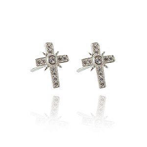 Brinco De Cruz Com Zircônias Brancas Em Prata 925 [F027]