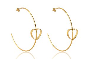 Brinco Argola Grande Fina Com Coração Embutido Folheado Em Ouro 18k [F027]