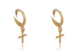 Brinco Argolinha Com Cruz Folheado [F027]