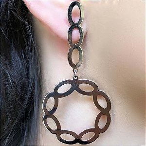 Brinco Com Fio E Círculo Com Arcos Folheado Em Ródio Branco [F027]