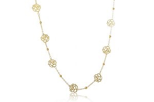 Colar Longo Com Bolinha E Flor Folheado Em Ouro 18k [F027]