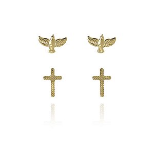 Duo De Cruz E Espírito Santo Folheado Em Ouro 18k [F027]
