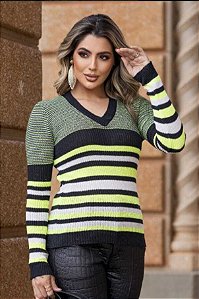 Blusa Tricot Manga Longa Listra Gola V [F081]
