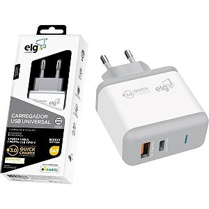 Carregador USB + USB Tipo C 3A WC2S-PDQC Branco ELG [F002]