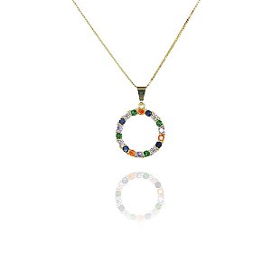Colar Pingente Circulo De Zircônia Colorida Folheado A Ouro 18k [F027]