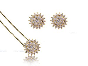 Conjunto Com Pingente E Brincos Pontiagudos Cravejados Com Zircônias [F027]