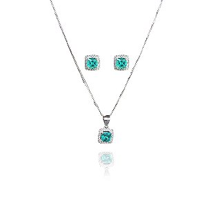 Conjunto Quadrado Com Zircônia Azul Tiffany  Em Prata 925 [F027]