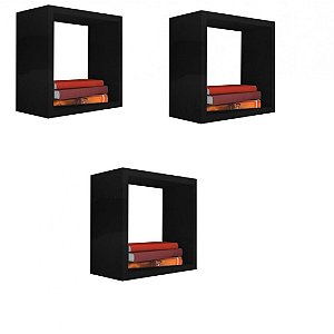 Kit 3 Nicho Decorativo 35x35x20 Cm Preto Em Mdf [F031]