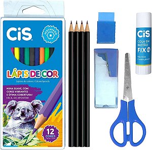 Kit Escolar Azul Com 12 Lápis De Cor + 8 Peças [F112]
