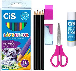 Kit Escolar Rosa Com 12 Lápis De Cor + 8 Peças [F112]
